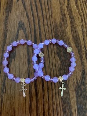 Lavender Beaded Bracelet with Gold Cross Charm (Set of 2)